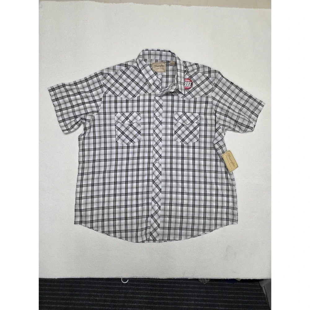 Wrangler Shirt Mens 2XL Brown Plaid Western Snap Short Sleeve Easy Care - Picture 2 of 10